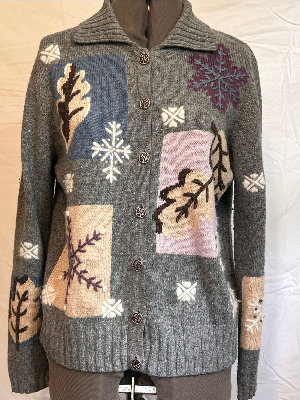 Northcrest Gray Button‑Front Cardigan with Multicolor Snowflake and Leaf Motifs